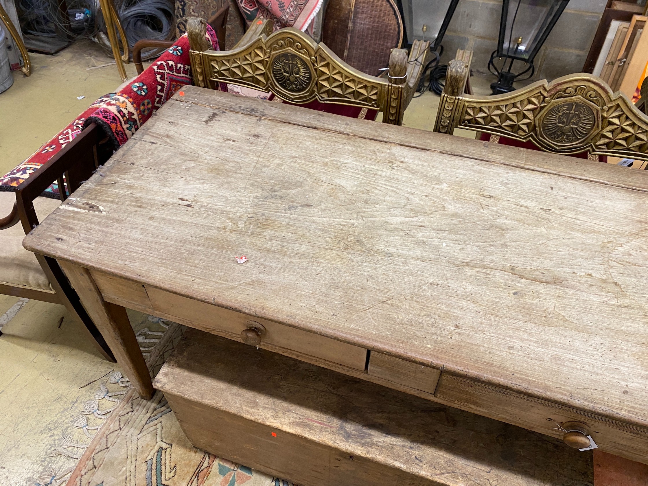 A Victorian two drawer pine kitchen serving table, length 180cm, depth 77cm, height 80cm